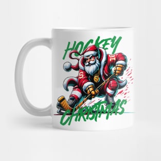 Santa Playing Hockey in Christmas Mug